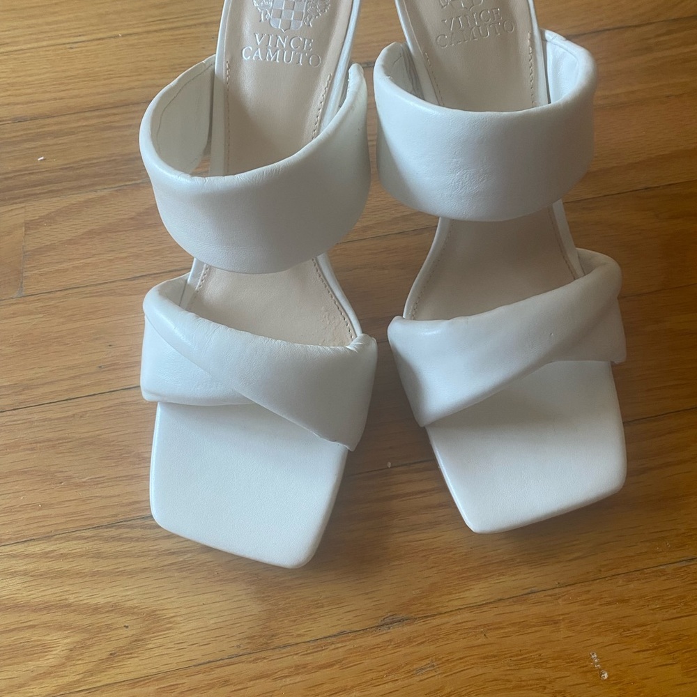 Vince Camuto Cream Heels with Square Toe and Chunky Heel